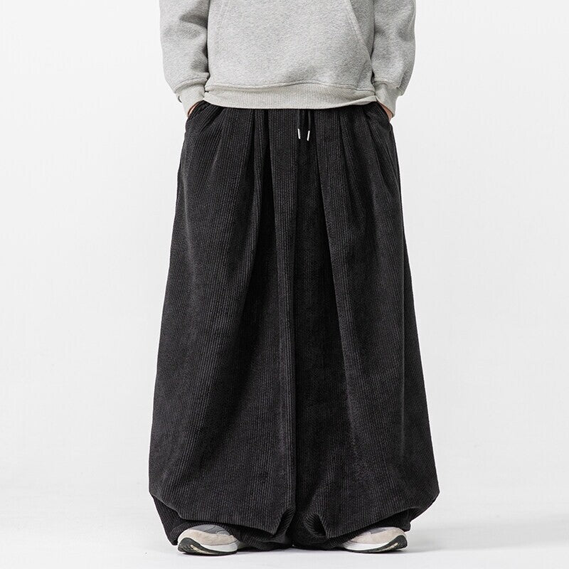 Men's Extra Wide Corduroy Balloon Pants with Pleats, Drawstring, and Heavy Draping Mune Fashion