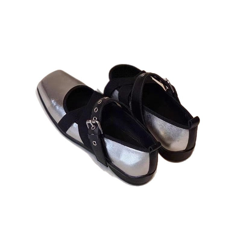 Women's Mary Jane slippers with square toe, crossed elastic straps and decorative strap Mune Fashion