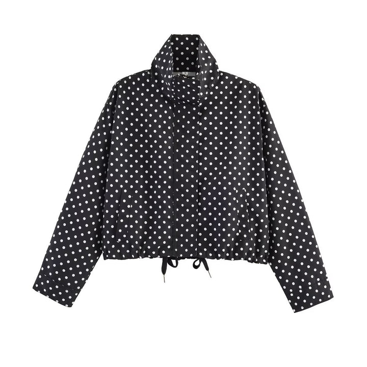 Women's Dotted Short Jacket with Stand-up Collar, Concealed Front Placket and Drawstring Mune Fashion
