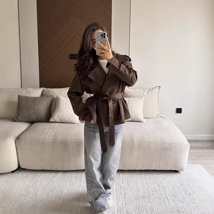 Women's Tailored Cropped Trench Coat with Wide Lapels, Belt and Epaulettes Mune Fashion
