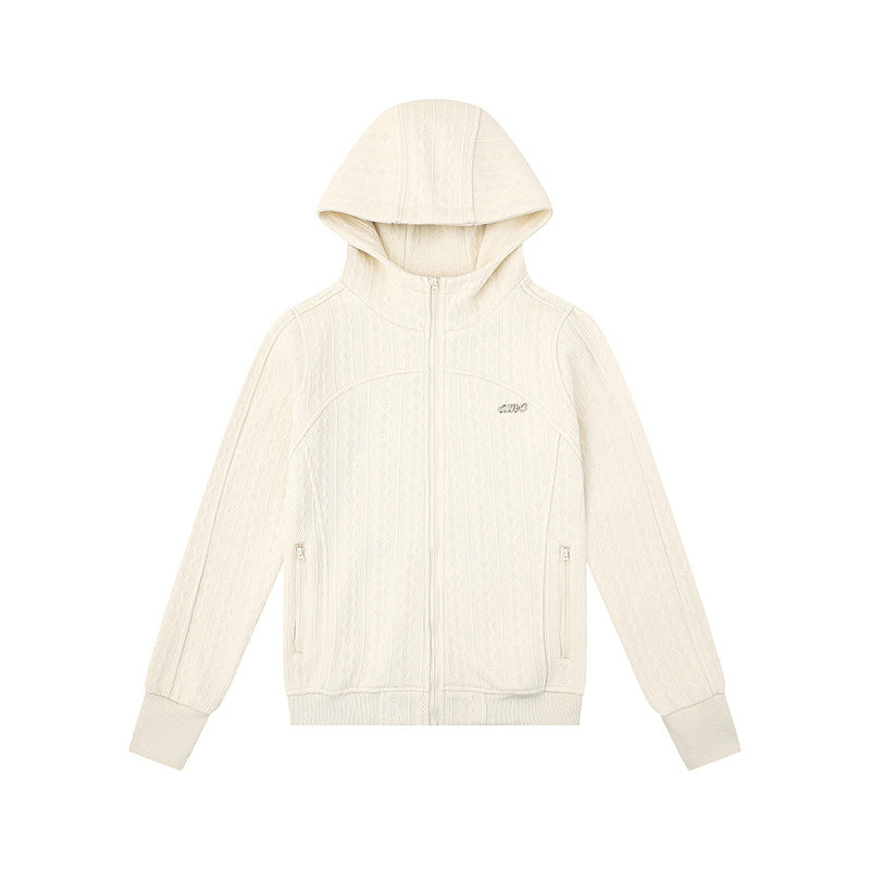 Women's hooded cardigan with cable knit pattern, full zip and side pockets Mune Fashion