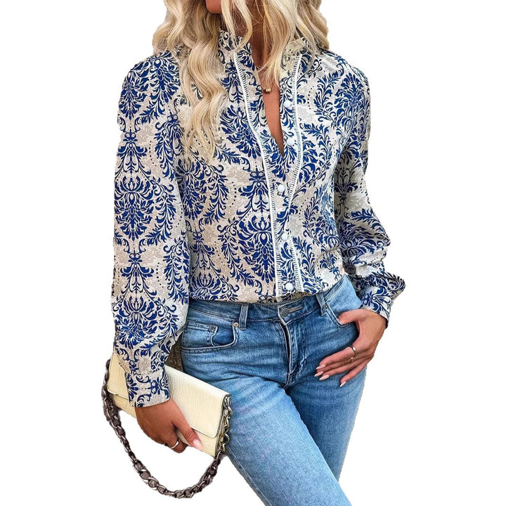 Women's Lightweight Boho Blouse with Baroque Print, Lace Trim and Button Placket Mune Fashion