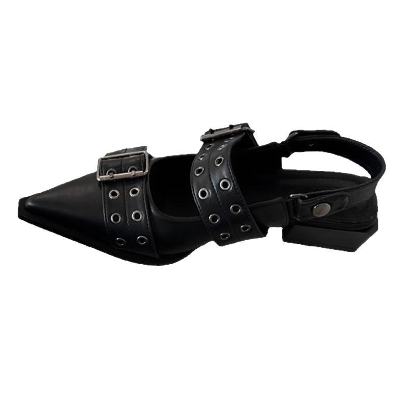 Women's pointed toe slingback flats with double eyelet straps and adjustable buckle Mune Fashion