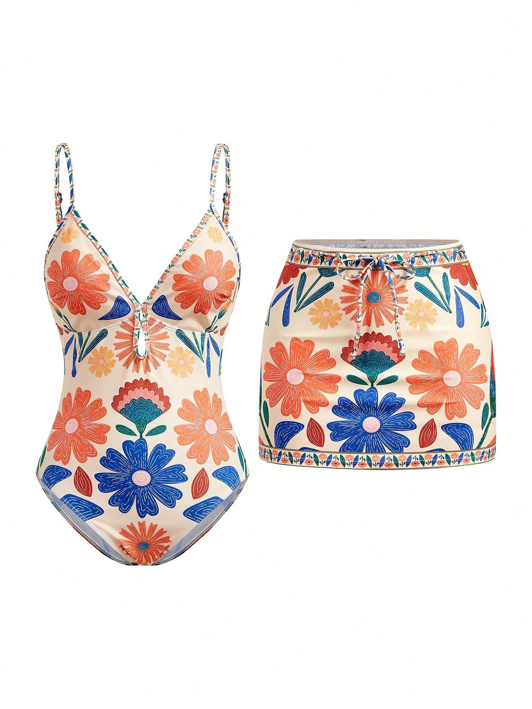 Women's Floral Pattern Swimsuit with Matching Skirt Mune Fashion