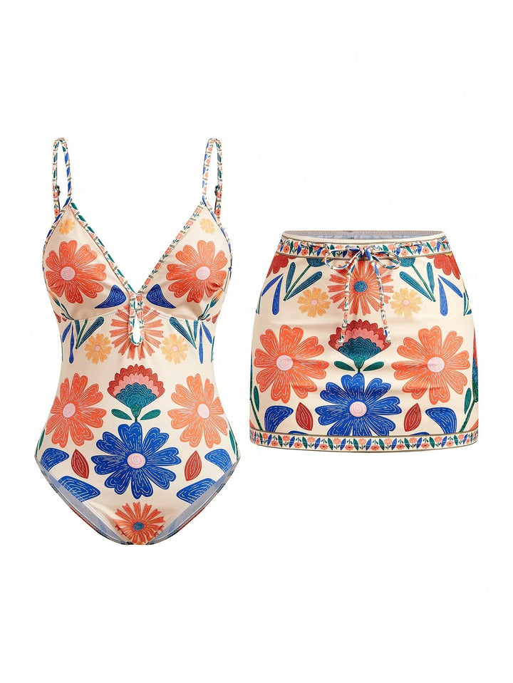 Women's Floral Pattern Swimsuit with Matching Skirt Mune Fashion