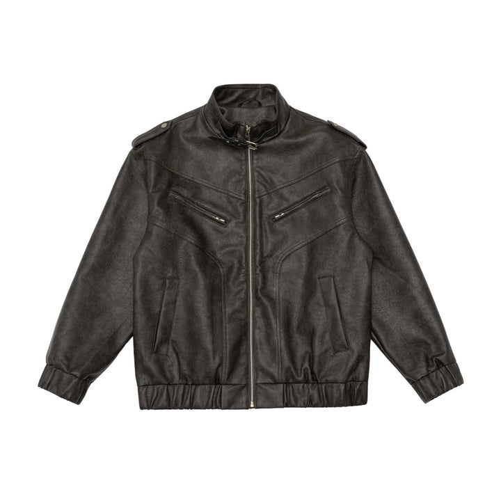 Men's leather bomber jacket with funnel collar and shoulder epaulettes Mune Fashion