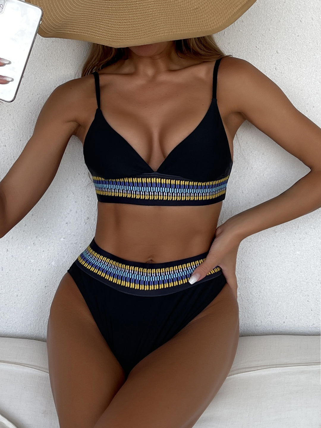 Women's High-Waisted Bikini with Colorful Jacquard Waistband Mune Fashion