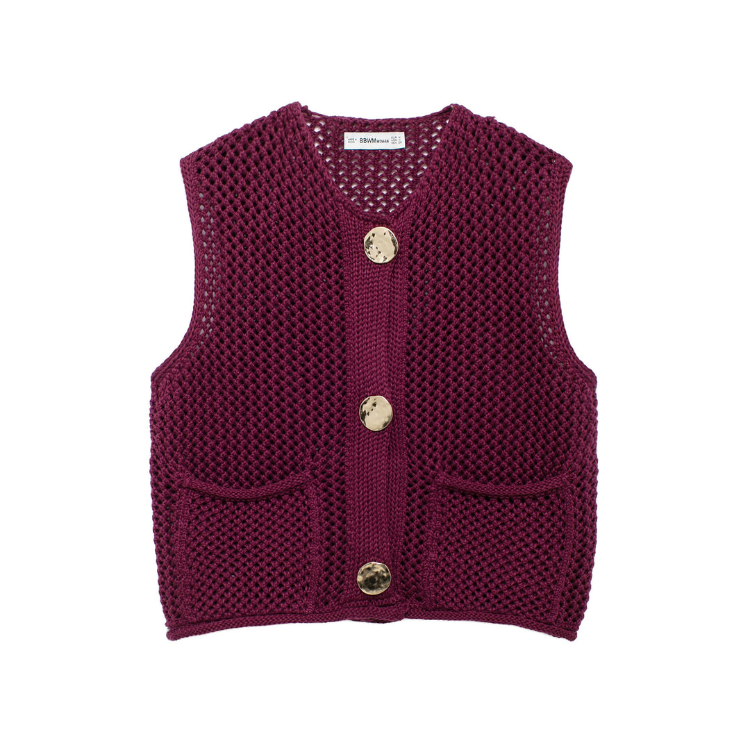 Women's crochet knit vest with large decorative buttons and patch pockets Mune Fashion