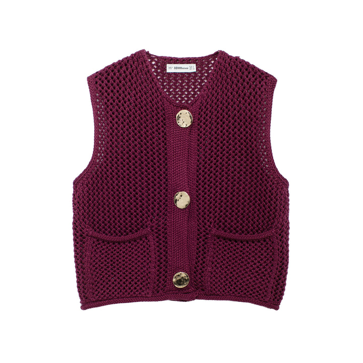 Women's crochet knit vest with large decorative buttons and patch pockets Mune Fashion