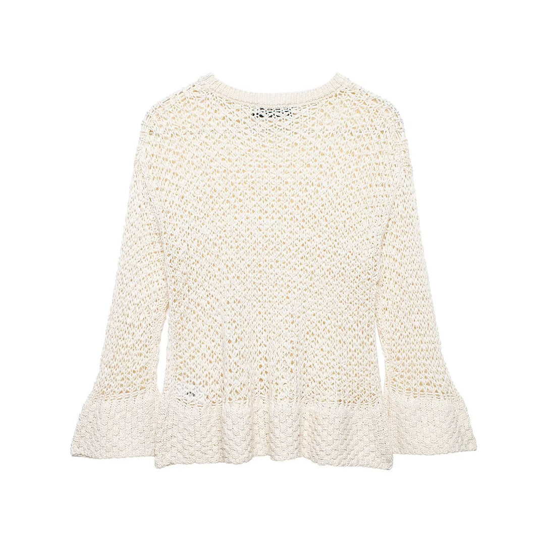 Women's Open Crochet Knit Sweater with Flared Ruffle Hem Mune Fashion