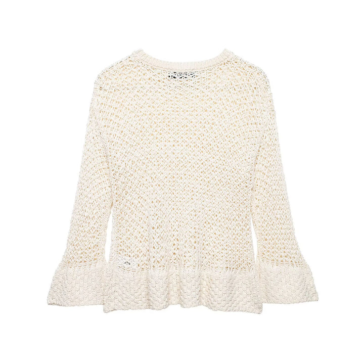 Women's Open Crochet Knit Sweater with Flared Ruffle Hem Mune Fashion