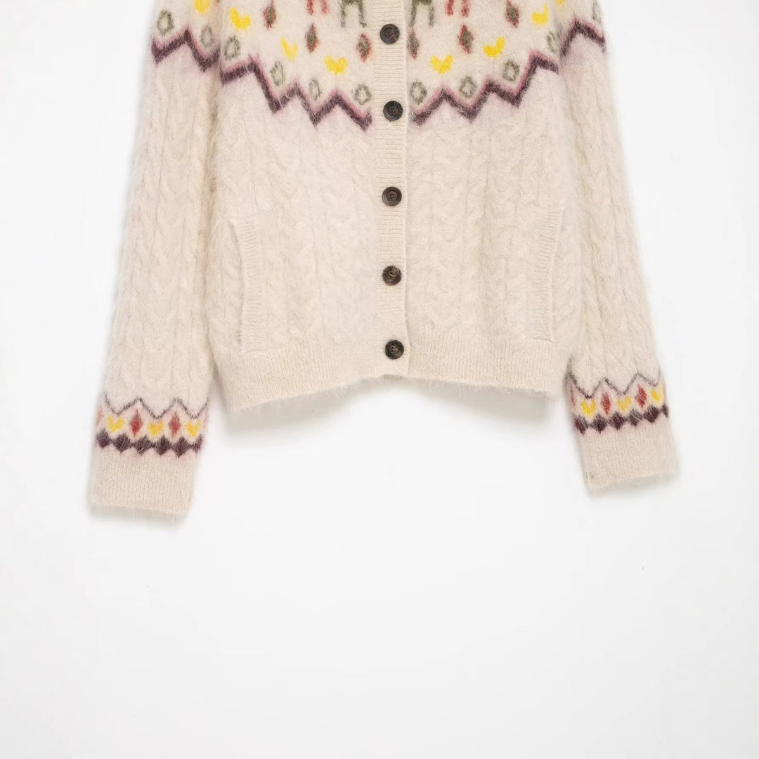 Women 10+ patterned mohair cardigan with Norwegian pattern, cable knit and button placket Mune Fashion