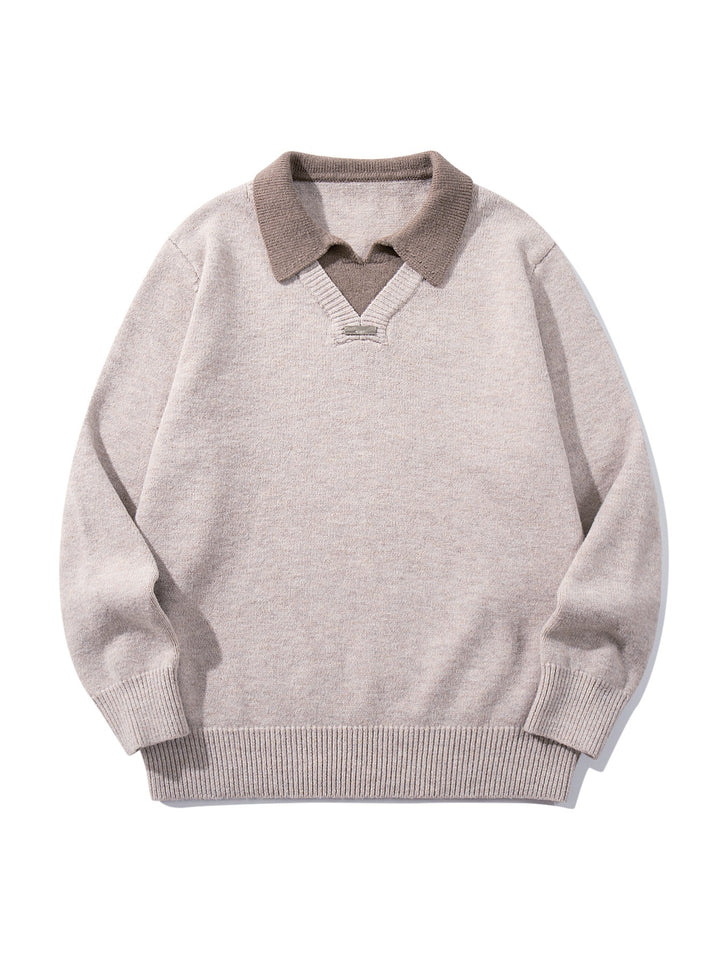 Men's Boxy Knit Sweater with Polo Collar and V-Inset Mune Fashion