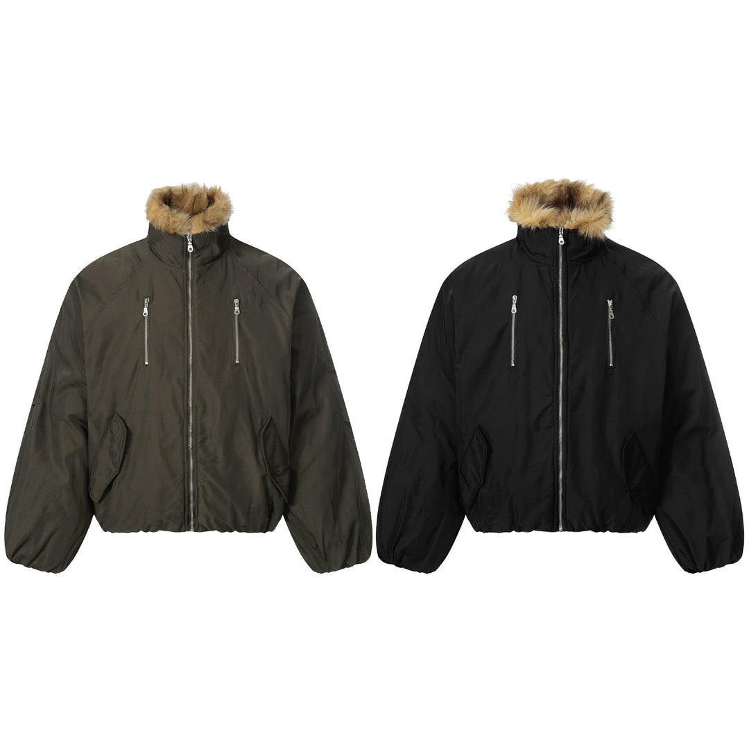 Men's short-cut boxy puffer jacket with faux fur hood and vertical zip pockets Mune Fashion