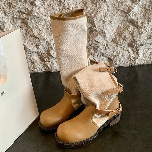 Ladies knee-high leather-canvas boots with adjustable buckles Mune Fashion