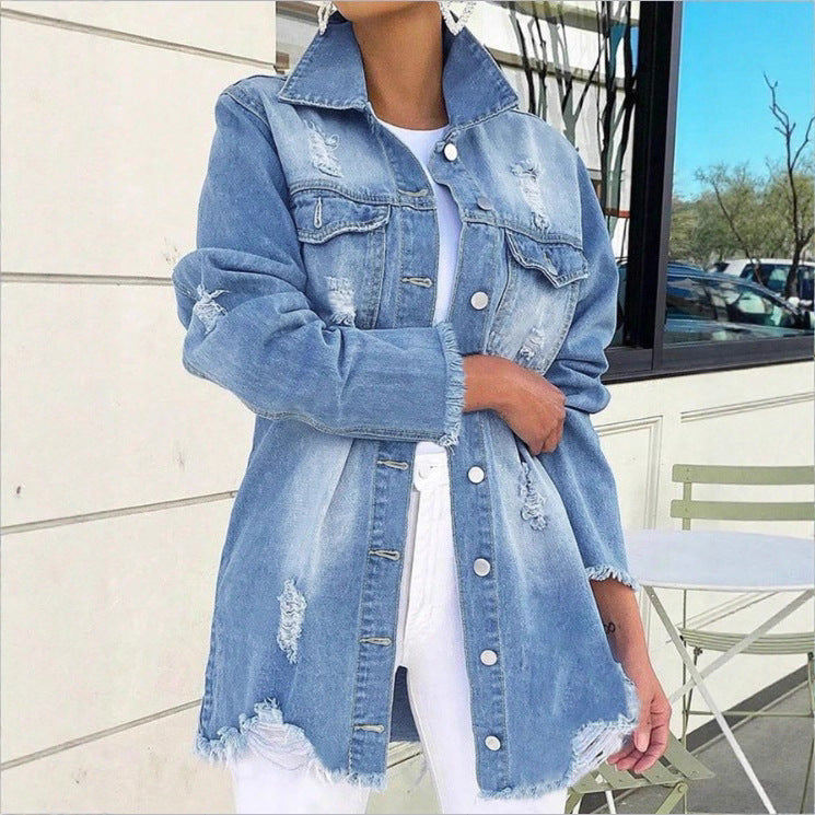 Women's Oversized Denim Jacket with Destroyed Details, Longer Cut and Frayed Hem Mune Fashion