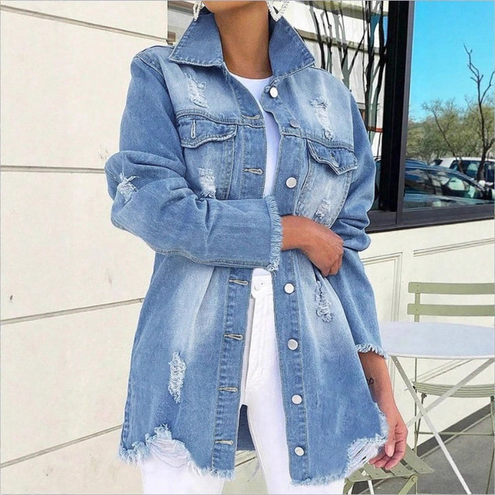 Women's Oversized Denim Jacket with Destroyed Details, Longer Cut and Frayed Hem Mune Fashion