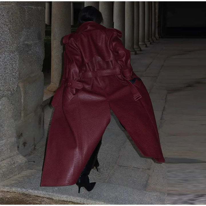 Women's Oversized Faux Leather Trench Coat with High Collar and Removable Belt Mune
