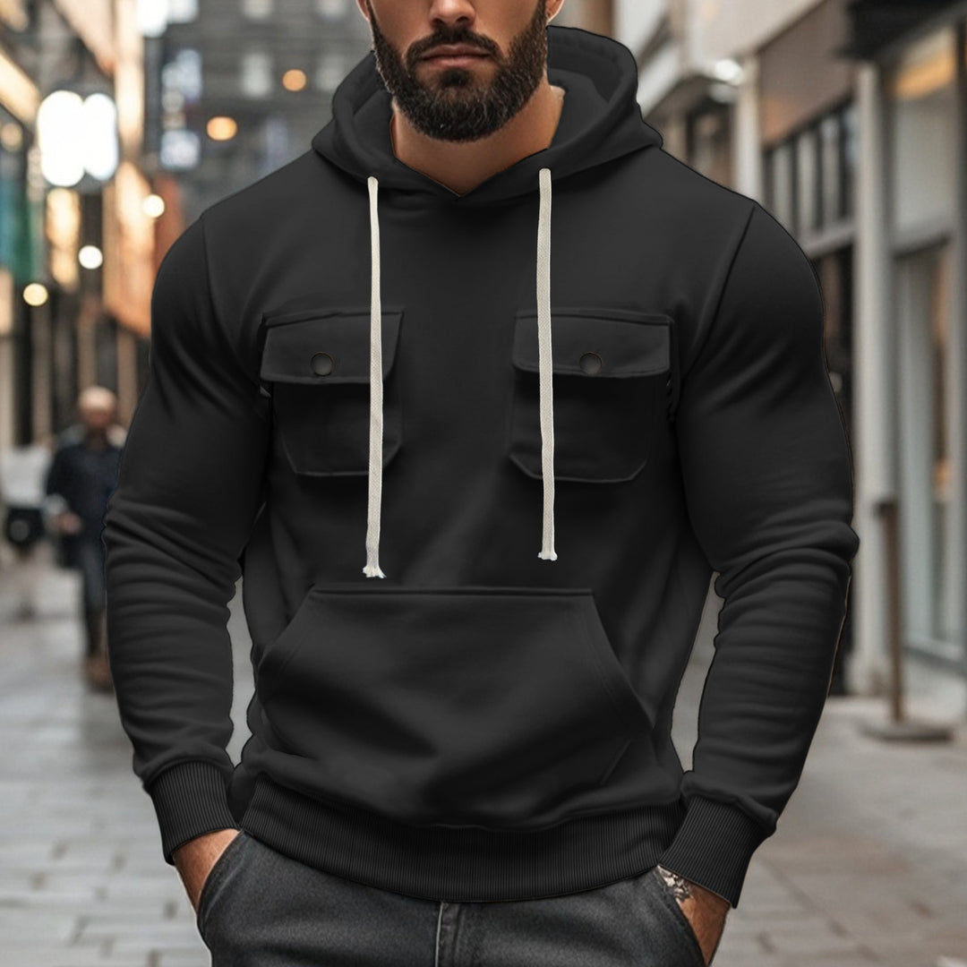 Men's sporty hoodie with patch flap pockets, kangaroo pocket, and narrow hem Mune Fashion