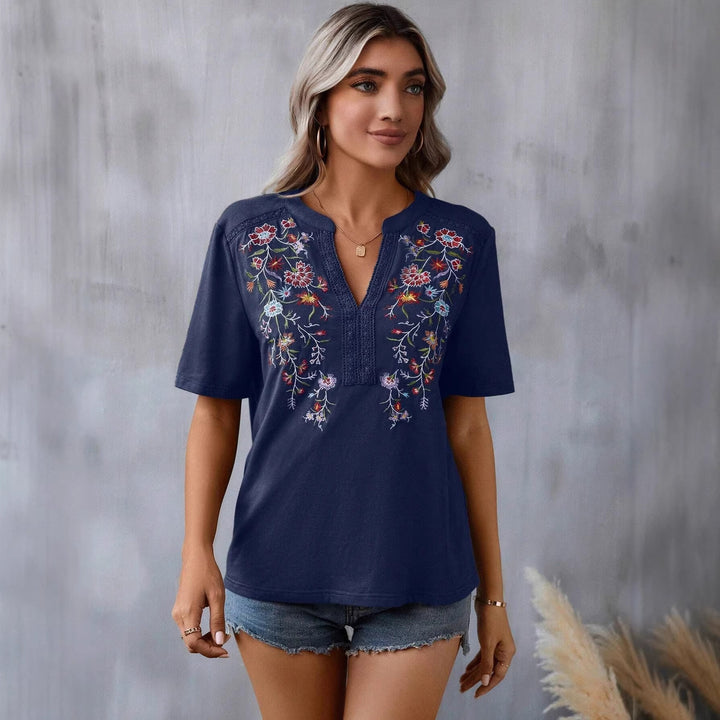Women embroidered Boho tunic with deep neckline and lace trim Mune Fashion