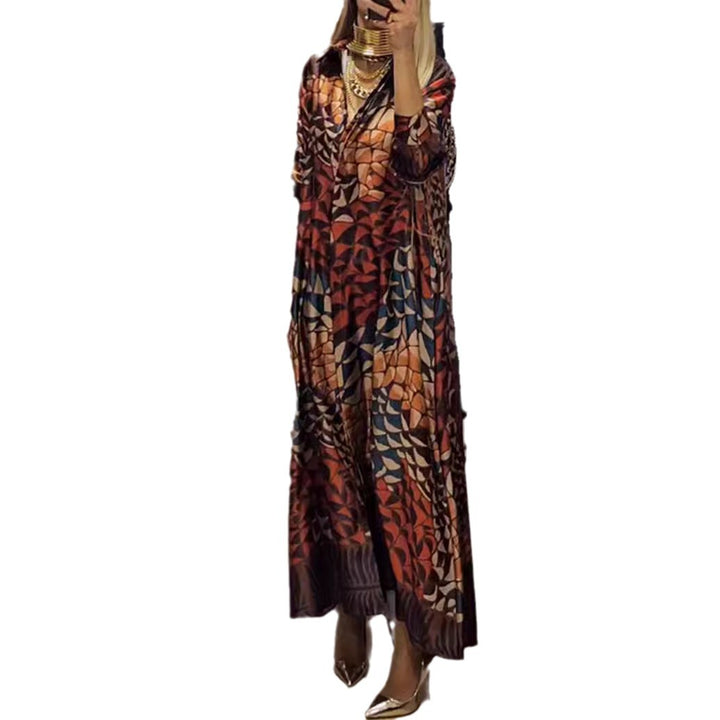 Women's flowing satin shirt dress with shirt collar, geometric mosaic print, and casual maxi length Mune Fashion