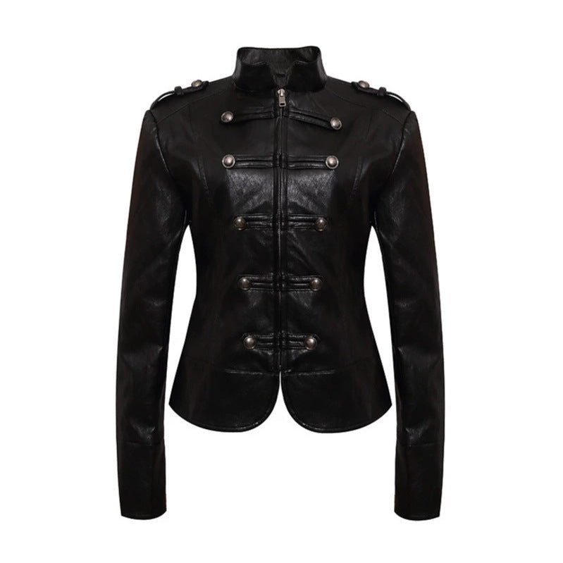 Women’s fitted leather jacket in military style with stand-up collar and decorative button placket Mune Fashion