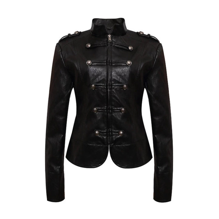 Women’s fitted leather jacket in military style with stand-up collar and decorative button placket Mune Fashion