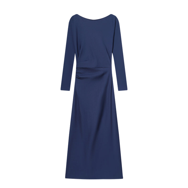 Women's fitted midi dress with bateau neckline, long sleeves, and side gathering Mune Fashion