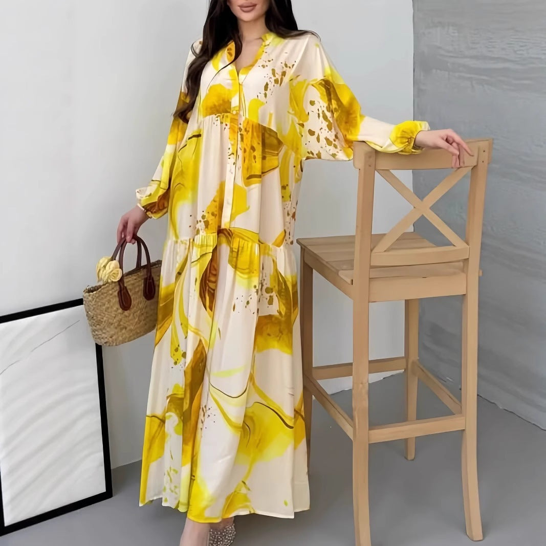 Women's Flowing Tiered Dress with Stand Collar, Balloon Sleeves and Button Placket Mune Fashion