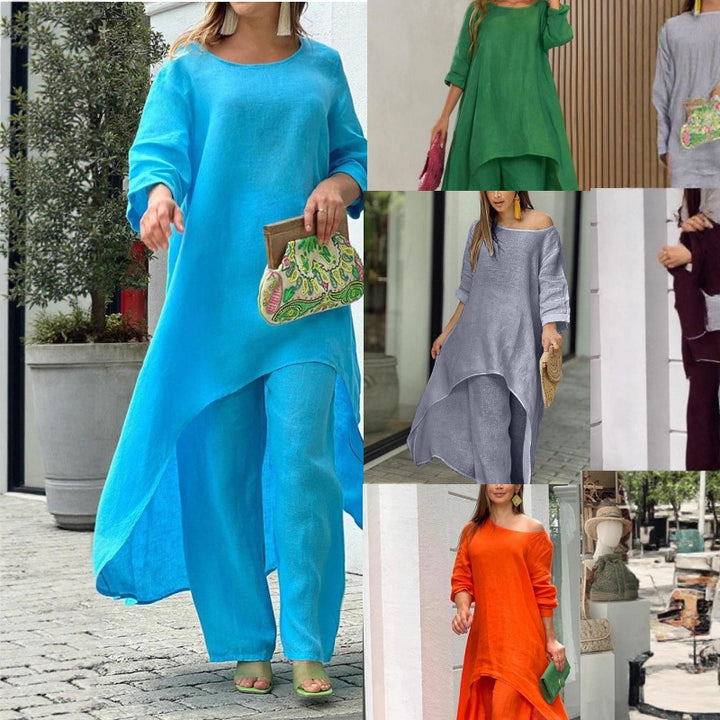 Women's oversized linen two-piece set with asymmetrical tunic and loose Marlene pants Mune Fashion