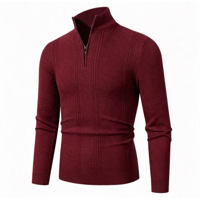 Men's Fine Half-Zip Roll Neck Sweater with Structure Stripes and Body-Hugging Fit Mune Fashion