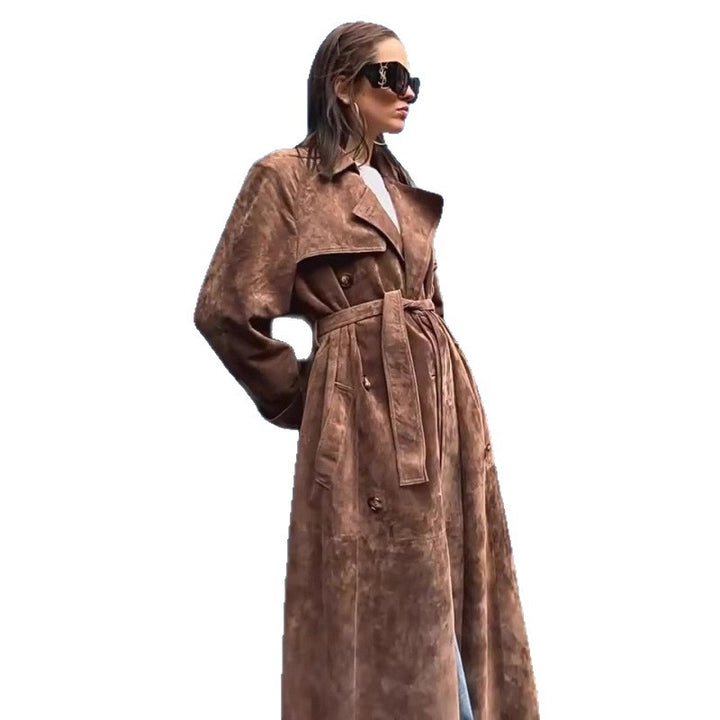Women long suede trench coat double-breasted with waist belt Mune Fashion
