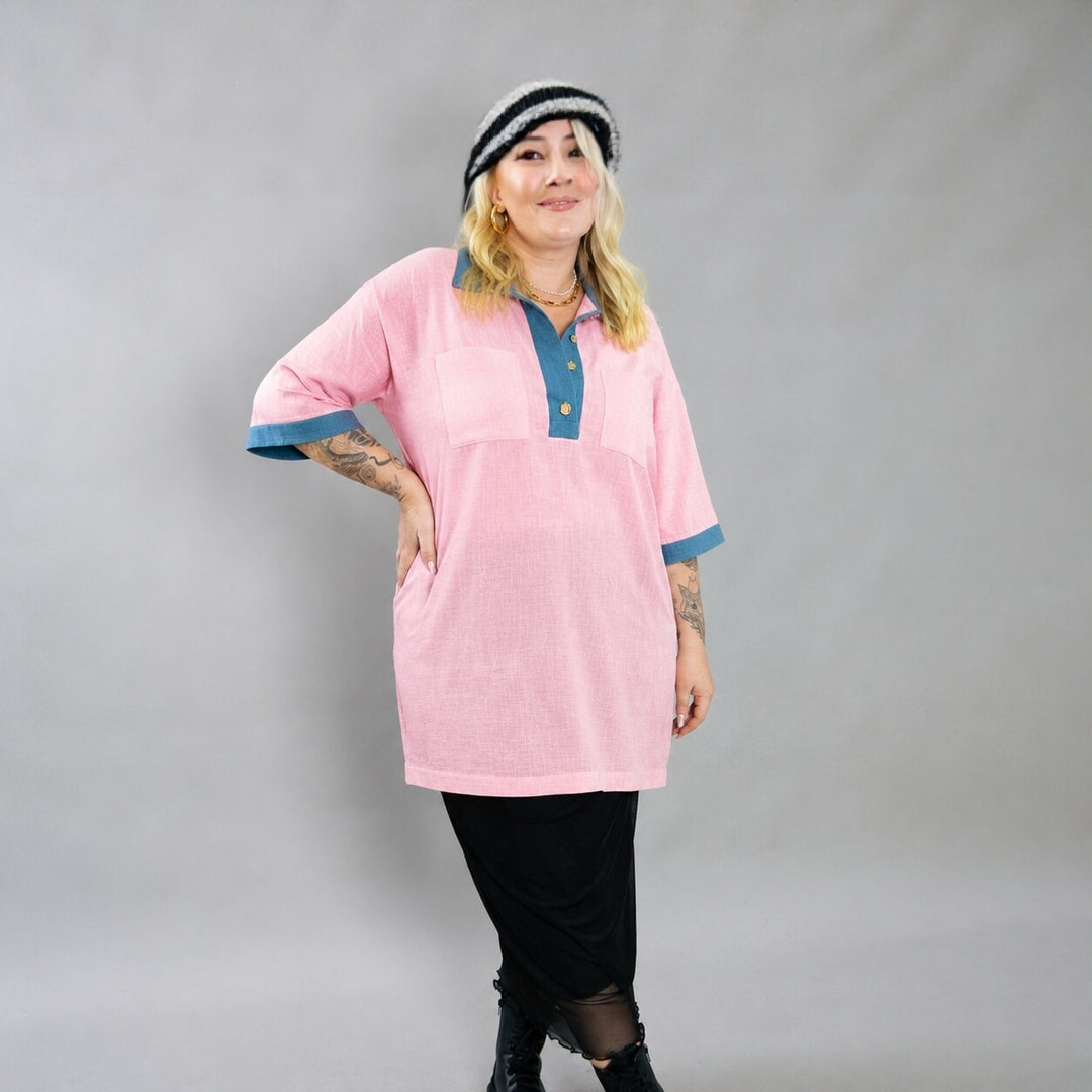 Women's oversized polo tunic with contrast collar and patch breast pockets Mune Fashion