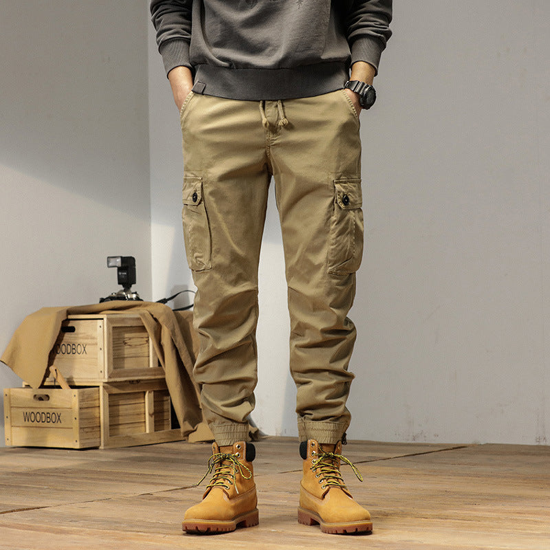 Men's robustly cut canvas cargo jogging pants with drawstring waist, knee patches, and elastic ankle cuffs Mune Fashion