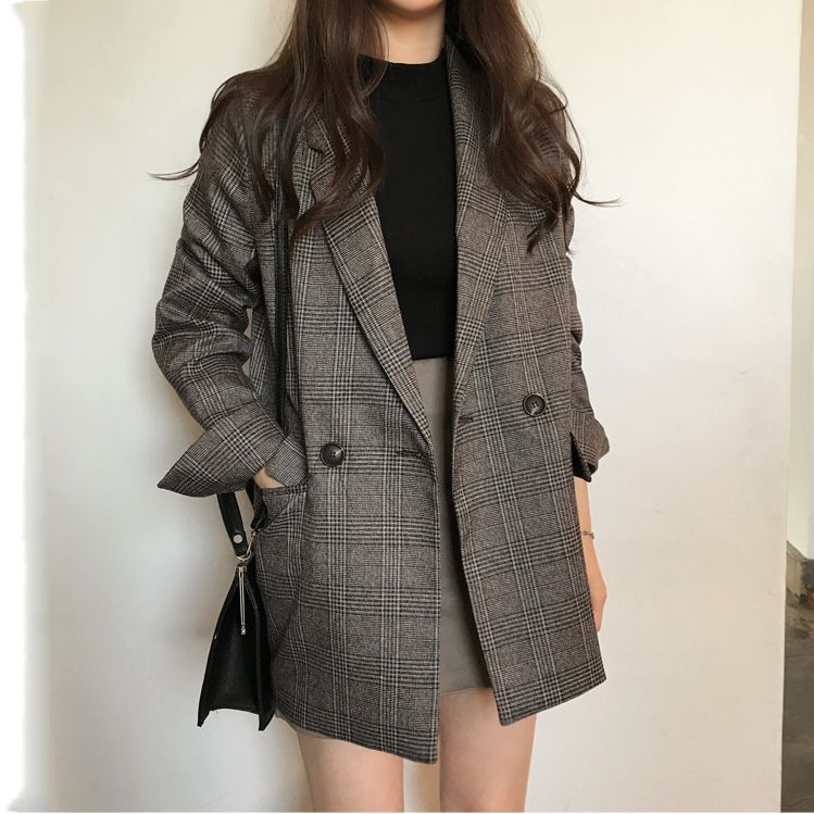 Women's Elegant Checked Blazer with Double Button Placket Mune Fashion