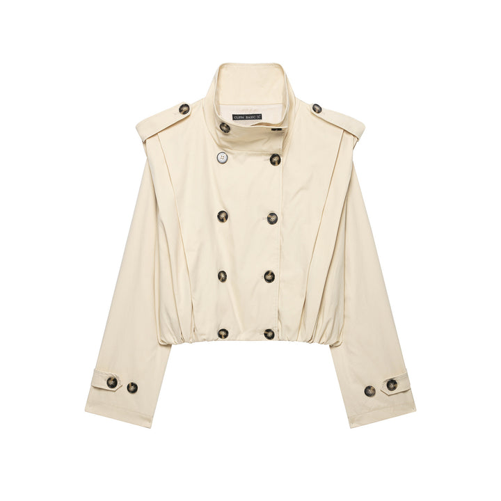Women's Short Double-Breasted Trench Jacket with Stand Collar, Epaulettes and Elastic Hem