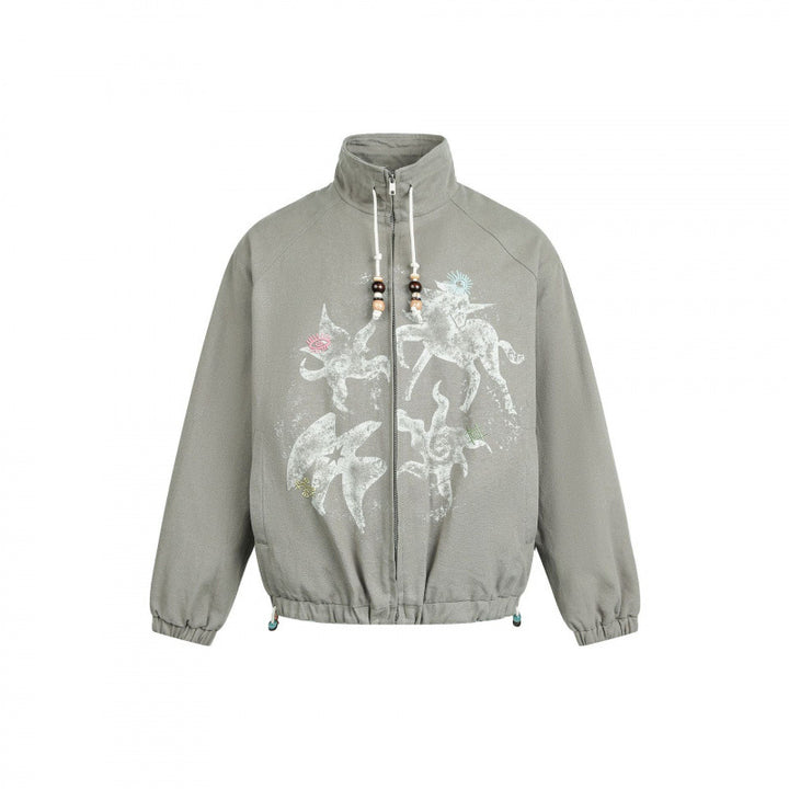 Women's lightweight bomber jacket made of cotton blend with stand-up collar, pearl cord, and mystical print Mune Fashion