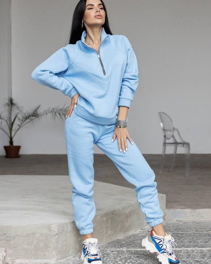 Women's Two-Piece Sweat Loungewear Set with Troyer Zipper and Elastic Jogging Pants Mune Fashion