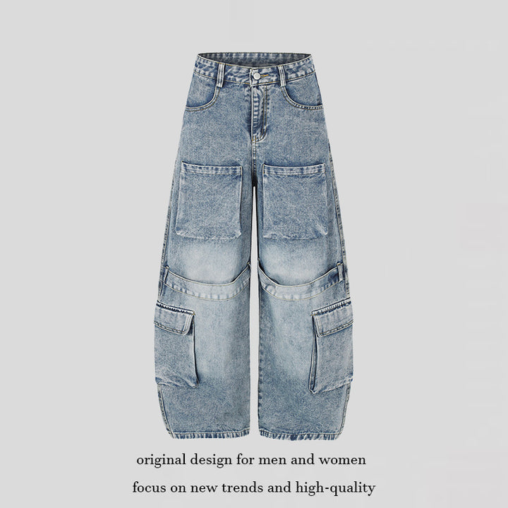 Women's High-Cut Wide Cargo Palazzo Jeans with Large Patch Pockets and Vintage Wash Mune Fashion