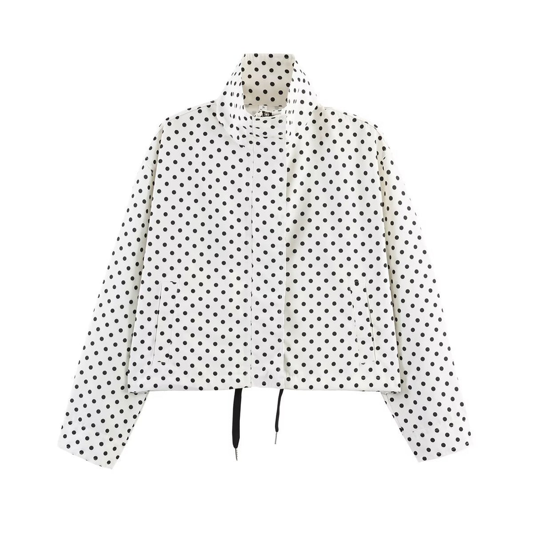 Women's Dotted Short Jacket with Stand-up Collar, Concealed Front Placket and Drawstring Mune Fashion