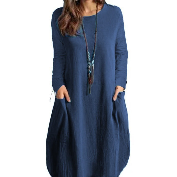 Women's Long A-Line Linen Look Dress with Pockets and Round Neckline Drune