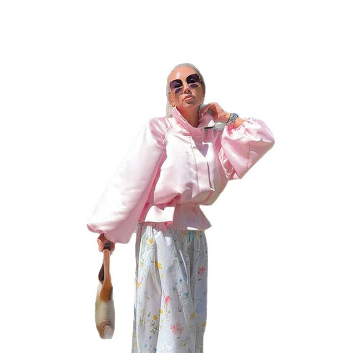 Women's satin blouse jacket with voluminous balloon sleeves, stand-up collar and fitted placket Mune Fashion