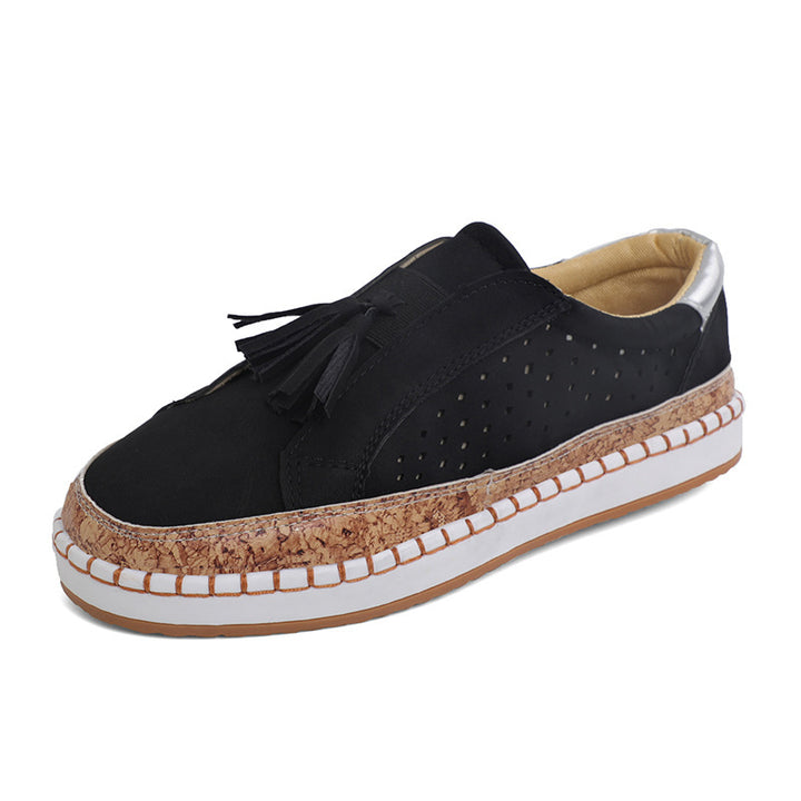 Women's Nano Perforated Slip-On Sneakers with Tassels, Cork Platform, and Decorative Hand Stitching Mune Fashion