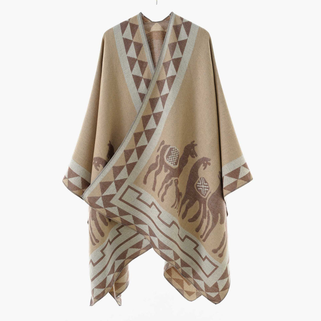 Women's Jacquard Poncho with Riding Motif and Geometric Border Pattern Mune Fashion