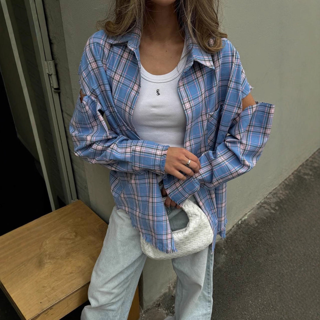 Women checked oversized shirt jacket with cut-out sleeves and raw hem Mune Fashion