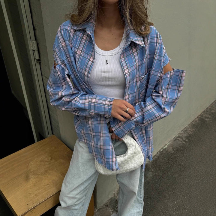 Women checked oversized shirt jacket with cut-out sleeves and raw hem Mune Fashion