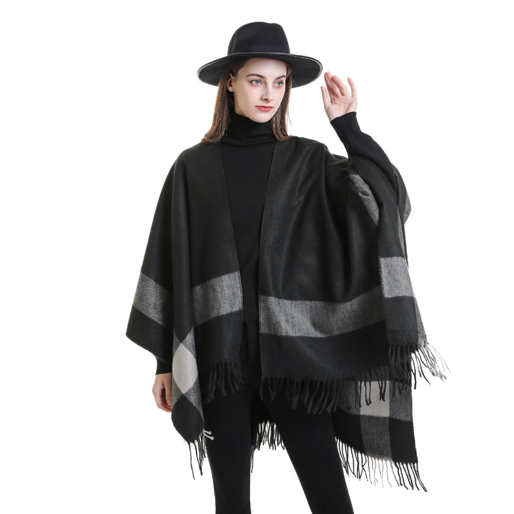 Women's Wool Blend Poncho with Check Pattern and Fringing Mune Fashion