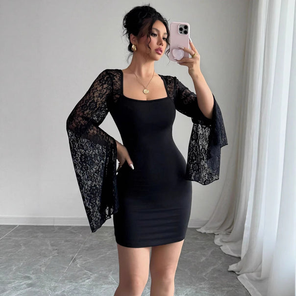 Women's form-fitting mini dress with square neckline and flared lace sleeves Mune Fashion