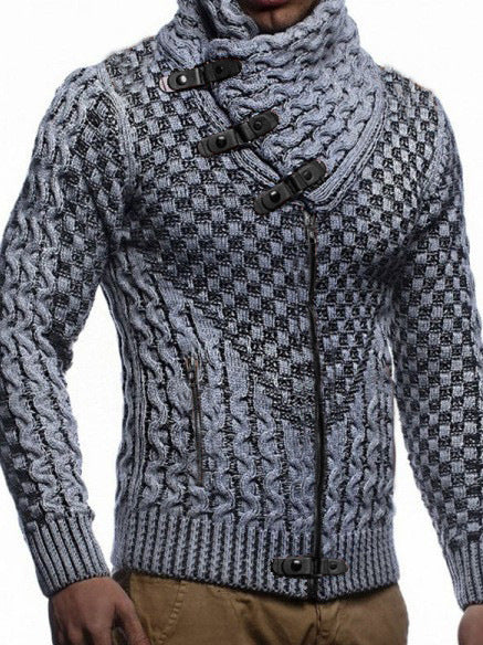 Men's chunky knit cardigan with asymmetric wrap collar and zipper Mune Fashion