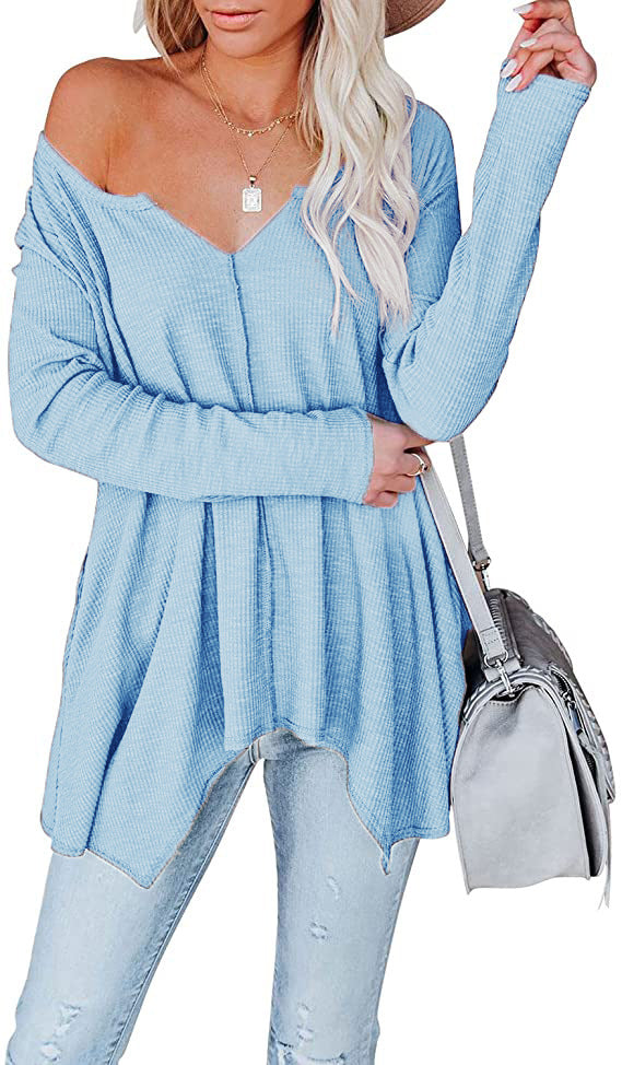 Women's Casual Waffle Knit Tunic Top with V-Neck, Off-Shoulder and Asymmetrical Hem Mune Fashion